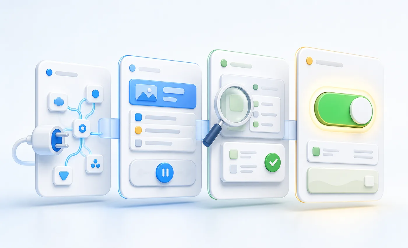 Illustration of four linked screens: connecting your accounts, a paused campaign card, a reviewed checklist, and a toggle switched on